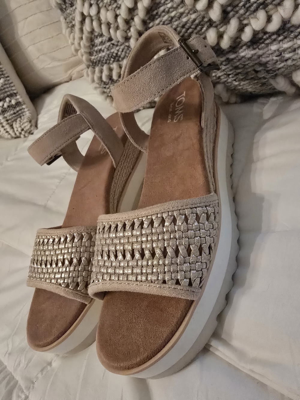 Toms Beige Metallic Woven Platform Sandals